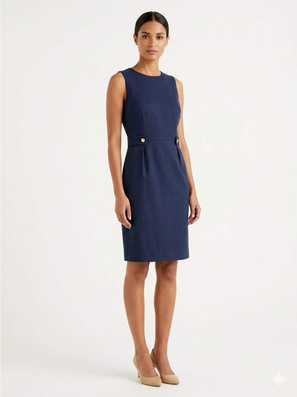 J. Crew Navy Cotton Sleeveless Sheath Dress with Waist Button Accents Size 8